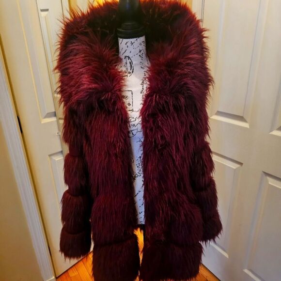 RACHEL ZOE BURGUNDY FAUX FUR COAT - Picture 1 of 10
